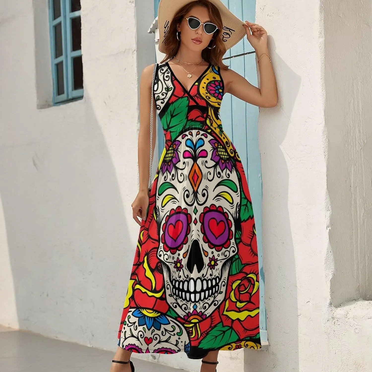 Sundresses for Women Summer Long Dress Sexy V Neck Casual Dress Beach Maxi Dress Flowy Loose Sleeveless Dress