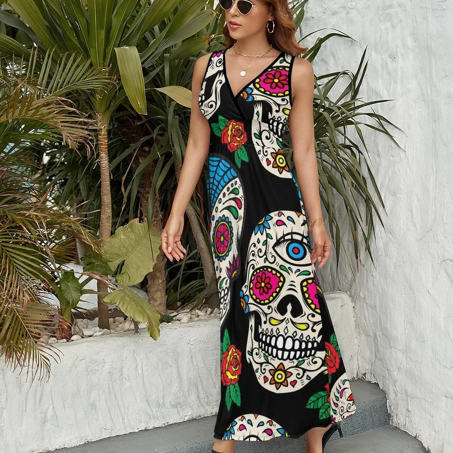 Sundresses for Women Summer Long Dress Sexy V Neck Casual Dress Beach Maxi Dress Flowy Loose Sleeveless Dress