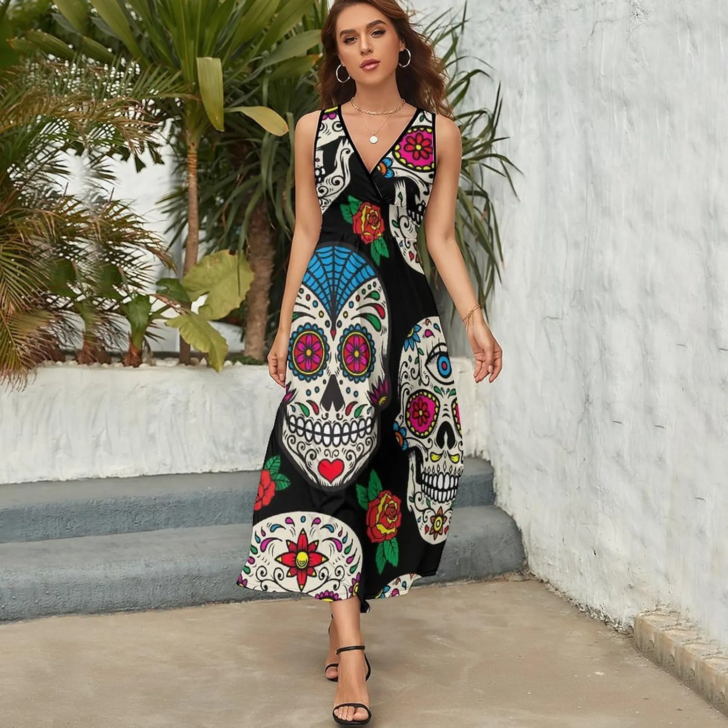 Sundresses for Women Summer Long Dress Sexy V Neck Casual Dress Beach Maxi Dress Flowy Loose Sleeveless Dress