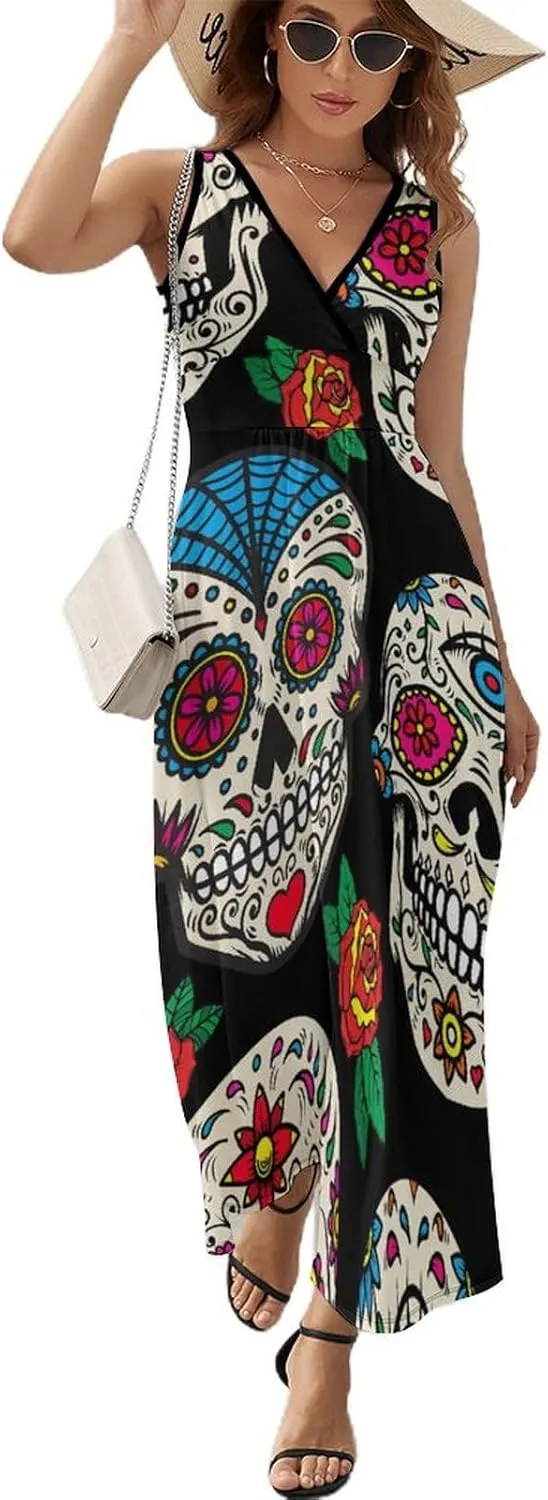 Sundresses for Women Summer Long Dress Sexy V Neck Casual Dress Beach Maxi Dress Flowy Loose Sleeveless Dress
