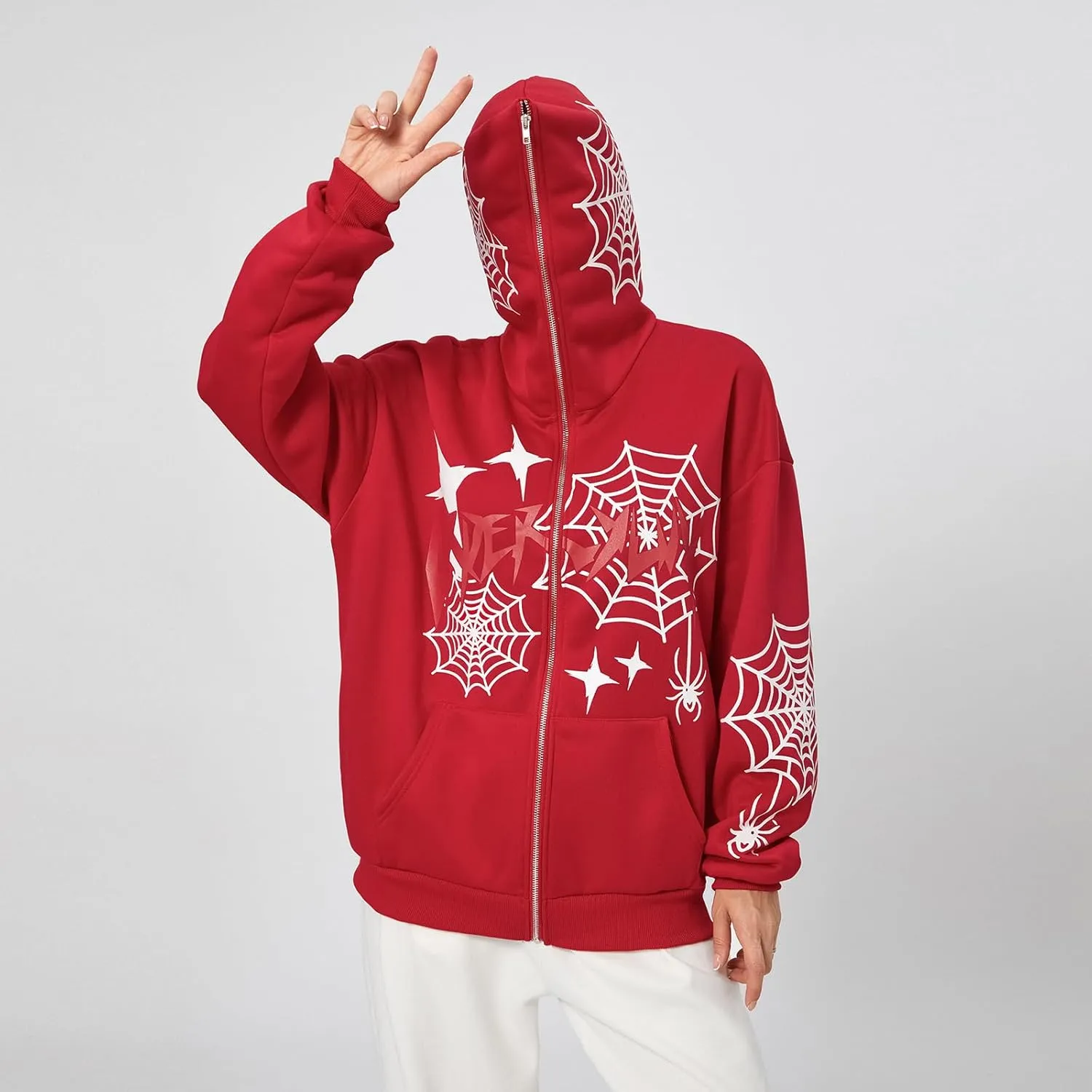 Sunwittafy Womens Full Zip Up Hoodie Y2k Spider Web Oversized Sweatshirt Long Sleeve Punk Jacket Vintage Harajuku Streetwear