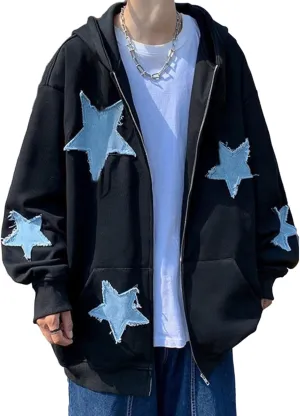 Sunwittafy Y2k Zip Up Hoodie for Women Men Star Graphic Oversized Sweatshirt Aesthetic Punk Jacket Vintage Streetwear