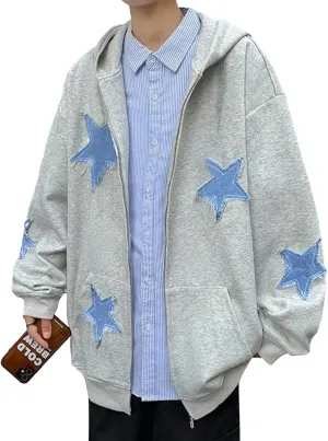 Sunwittafy Y2k Zip Up Hoodie for Women Men Star Graphic Oversized Sweatshirt Aesthetic Punk Jacket Vintage Streetwear