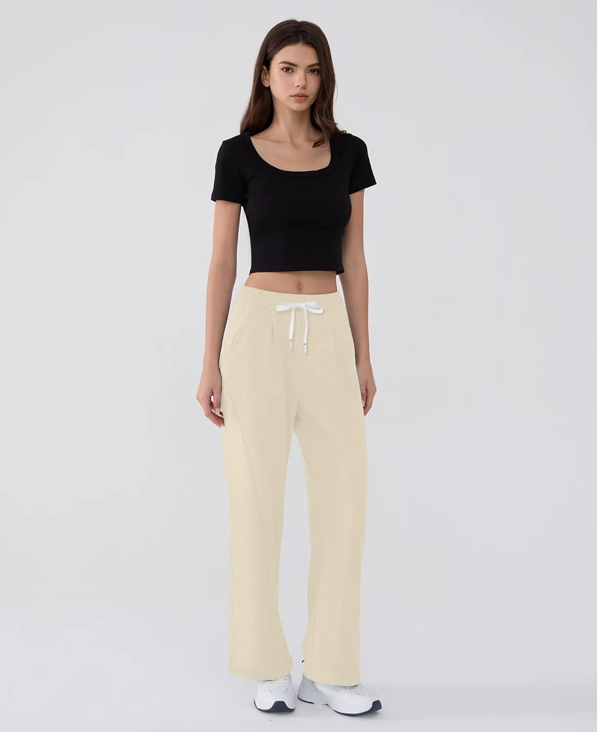 Susclude Baggy Sweatpants for Women Y2k Wide Leg Pants Summer High Waisted Drawstring Pleated Lightweight Pants with Pockets