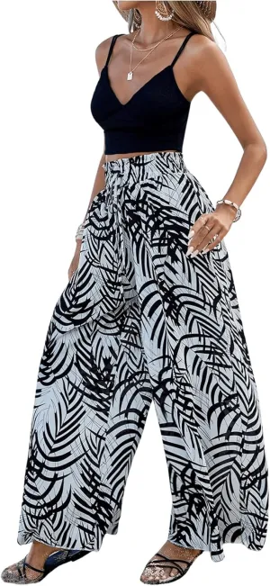 SweatyRocks Women's High Elastic Waist Pockets Pants Graphic Print Wide Leg Loose Palazzo Pants Trousers