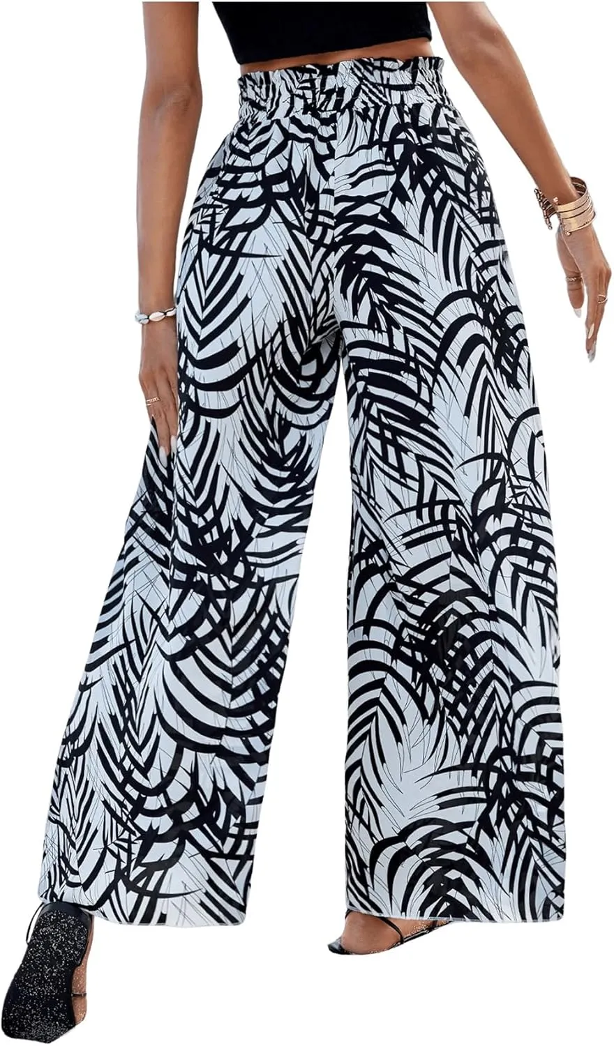 SweatyRocks Women's High Elastic Waist Pockets Pants Graphic Print Wide Leg Loose Palazzo Pants Trousers