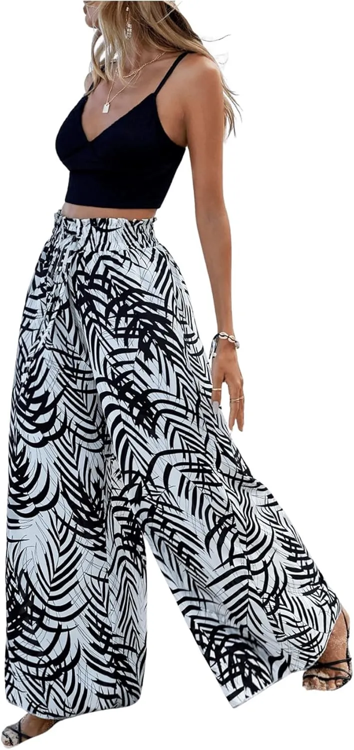 SweatyRocks Women's High Elastic Waist Pockets Pants Graphic Print Wide Leg Loose Palazzo Pants Trousers