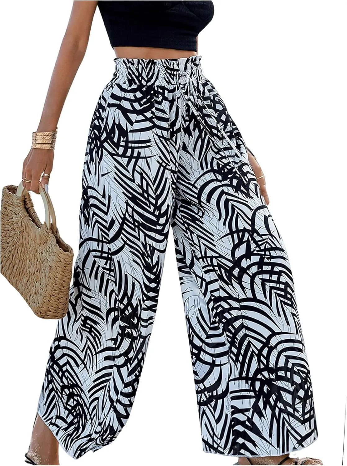 SweatyRocks Women's High Elastic Waist Pockets Pants Graphic Print Wide Leg Loose Palazzo Pants Trousers