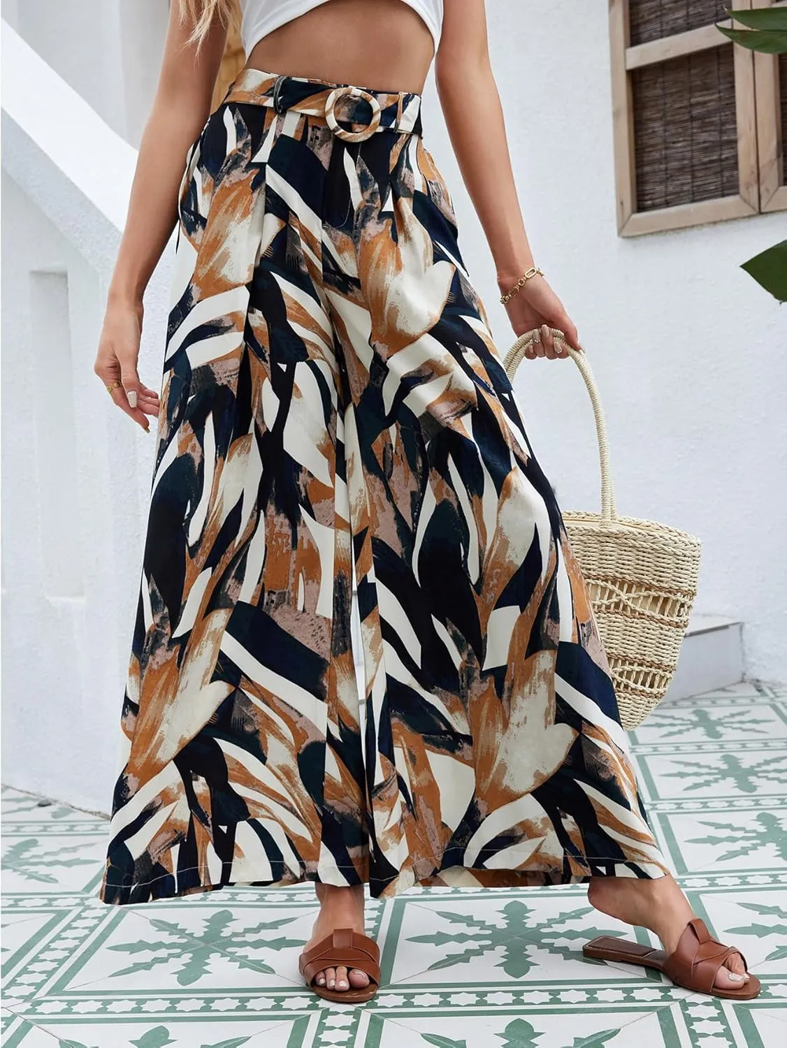 SweatyRocks Women's High Waist Pockets Pants Graphic Print Wide Leg Loose Palazzo Pants Trousers with Belt