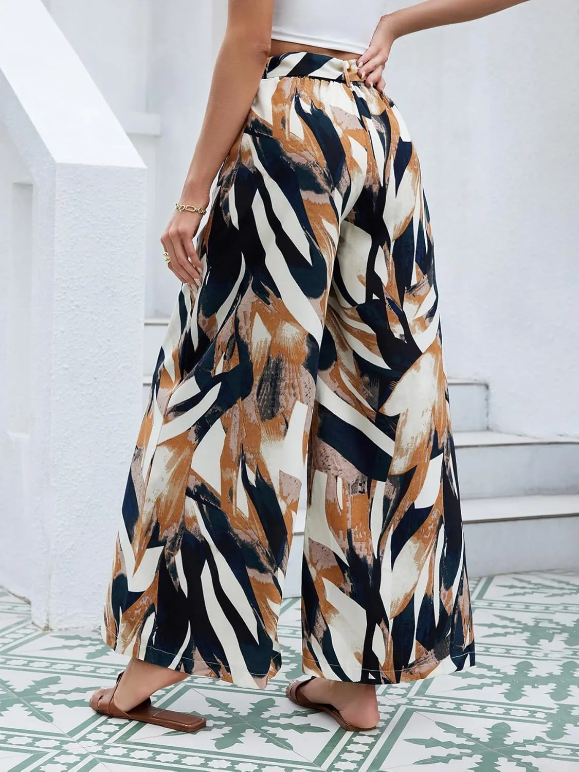 SweatyRocks Women's High Waist Pockets Pants Graphic Print Wide Leg Loose Palazzo Pants Trousers with Belt