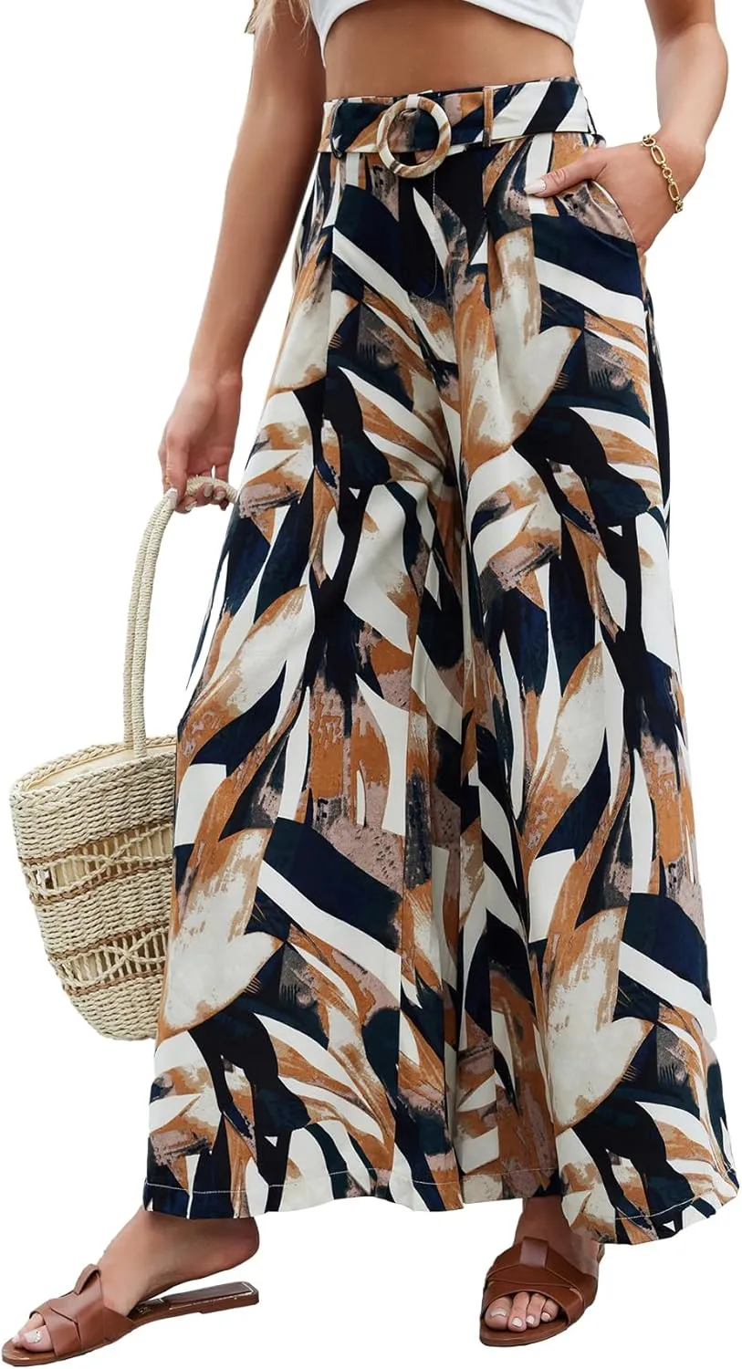 SweatyRocks Women's High Waist Pockets Pants Graphic Print Wide Leg Loose Palazzo Pants Trousers with Belt