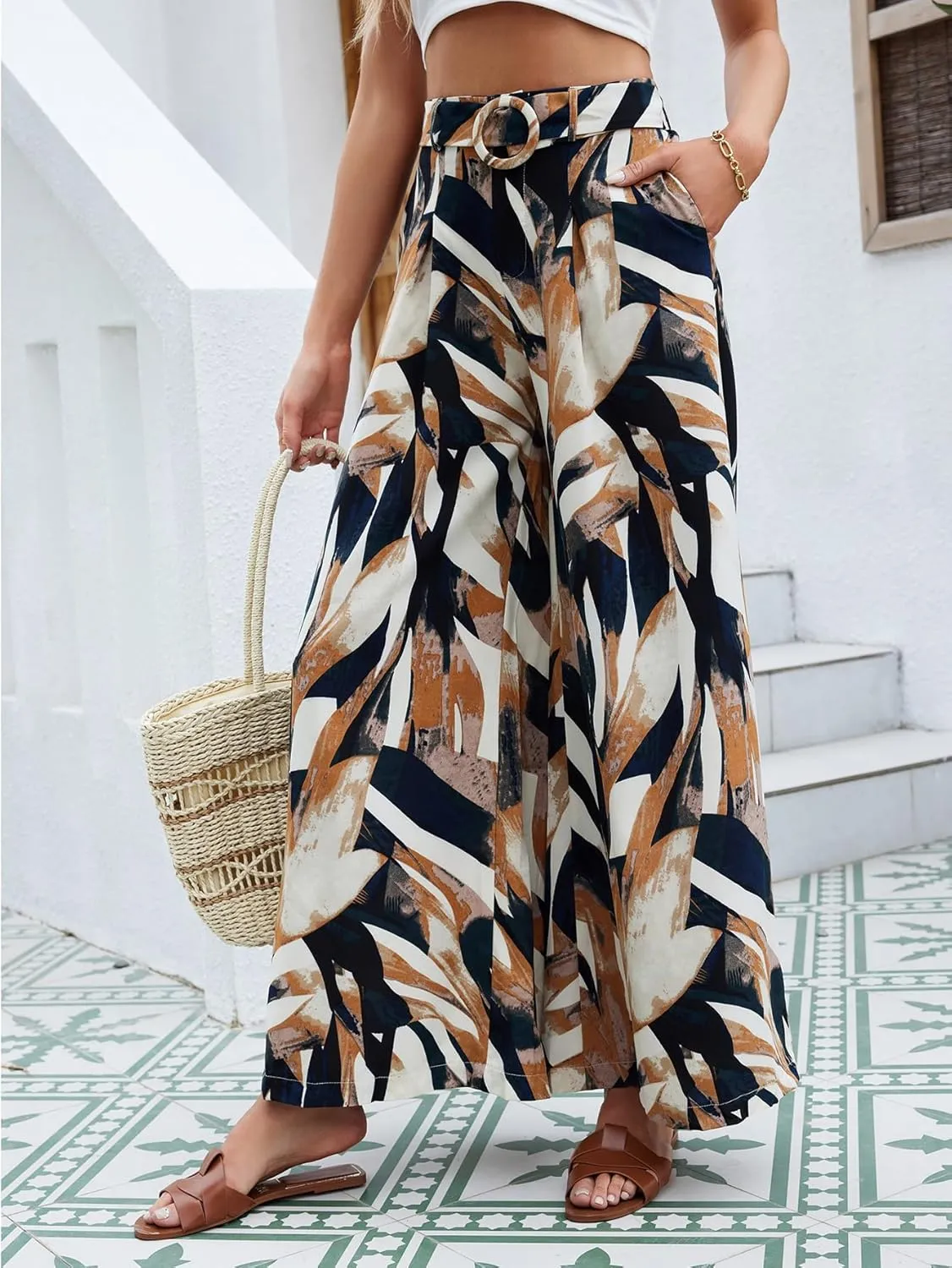 SweatyRocks Women's High Waist Pockets Pants Graphic Print Wide Leg Loose Palazzo Pants Trousers with Belt