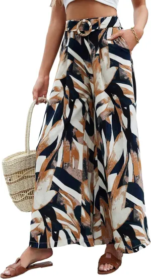 SweatyRocks Women's High Waist Pockets Pants Graphic Print Wide Leg Loose Palazzo Pants Trousers with Belt