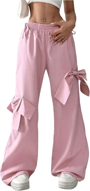 SweatyRocks Women's Y2K Bow Wide Leg Pants Drawstring Waist Tie Side Street Long Trousers