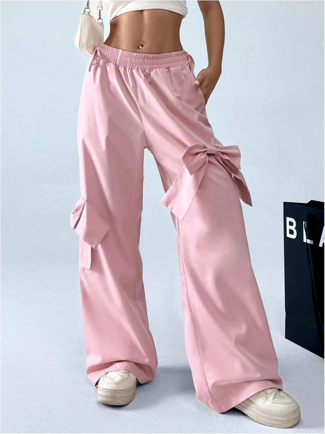 SweatyRocks Women's Y2K Bow Wide Leg Pants Drawstring Waist Tie Side Street Long Trousers