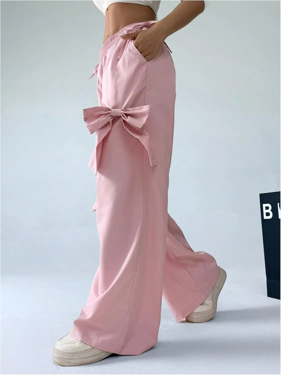 SweatyRocks Women's Y2K Bow Wide Leg Pants Drawstring Waist Tie Side Street Long Trousers