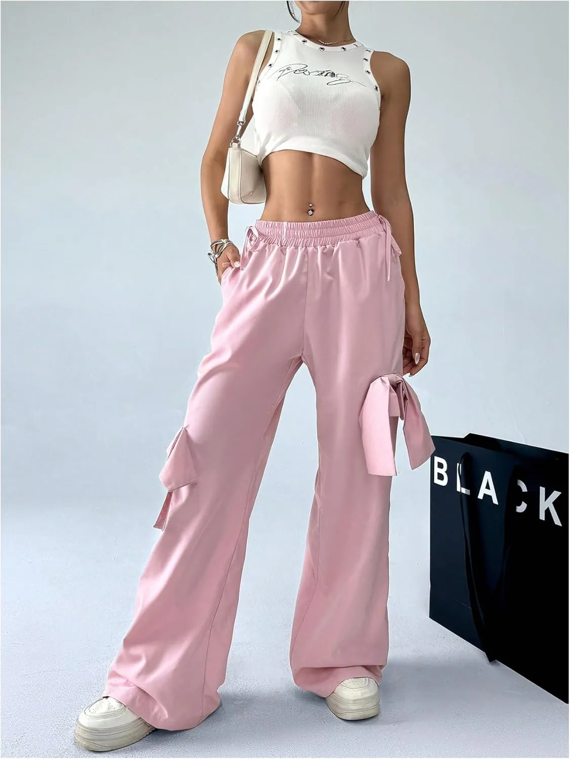 SweatyRocks Women's Y2K Bow Wide Leg Pants Drawstring Waist Tie Side Street Long Trousers