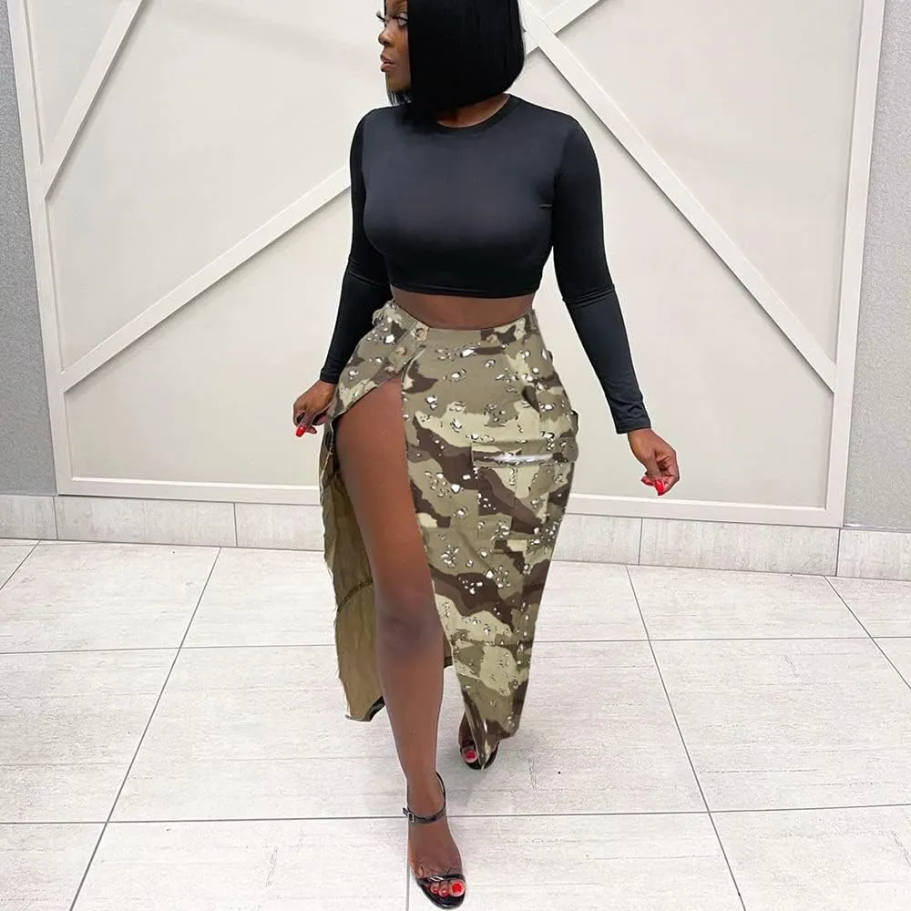 THLAI Women Midi Skirt Camo Cargo Skirt for Women Sexy High Split Skirt Maxi Skirts Novelty Skirts