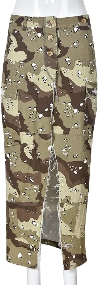 THLAI Women Midi Skirt Camo Cargo Skirt for Women Sexy High Split Skirt Maxi Skirts Novelty Skirts
