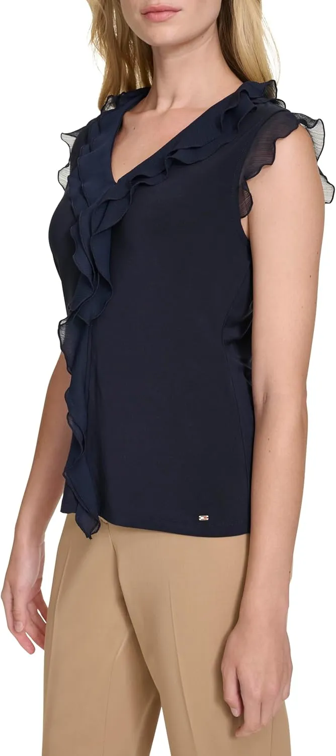 Tommy Hilfiger Women's Work Shirt Sleeveless Ruffle Front Shirts