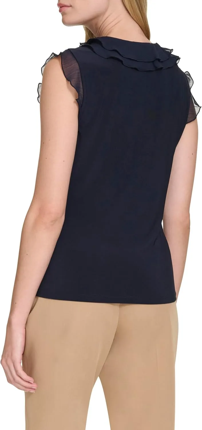 Tommy Hilfiger Women's Work Shirt Sleeveless Ruffle Front Shirts