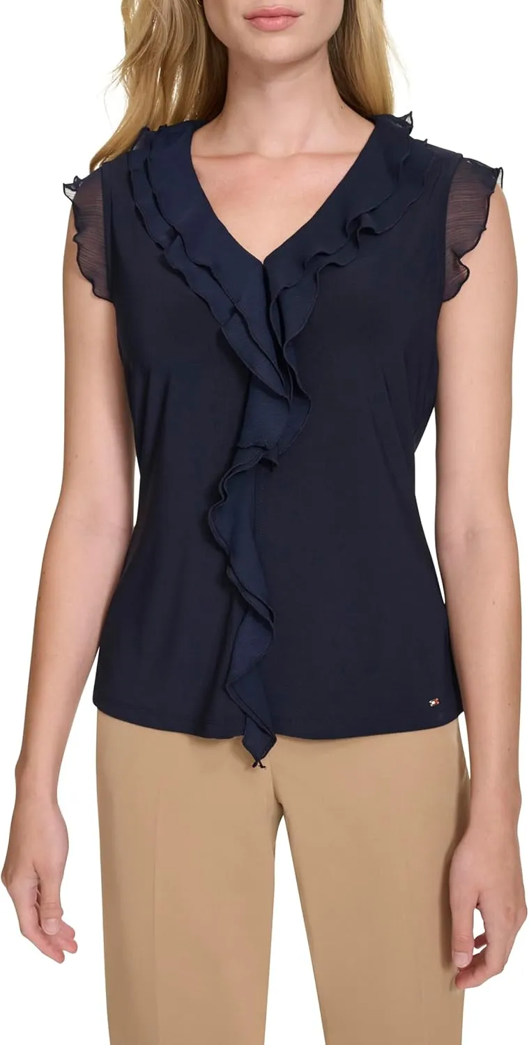 Tommy Hilfiger Women's Work Shirt Sleeveless Ruffle Front Shirts