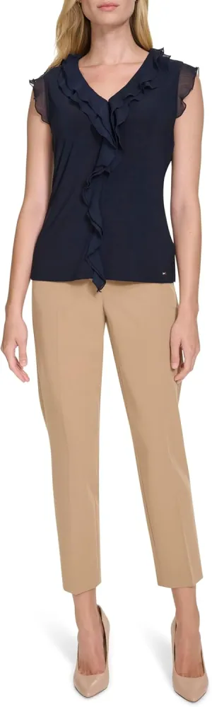 Tommy Hilfiger Women's Work Shirt Sleeveless Ruffle Front Shirts