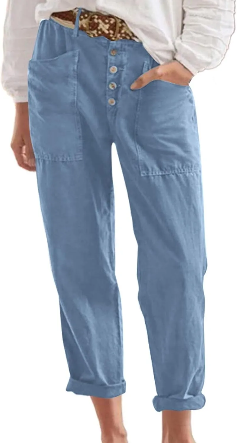 Trendy Button-Fly Straight Leg Pants for Women 2024 Spring Cotton Linen High Waist Lounge Slacks Plus Size Solid Casual Pants