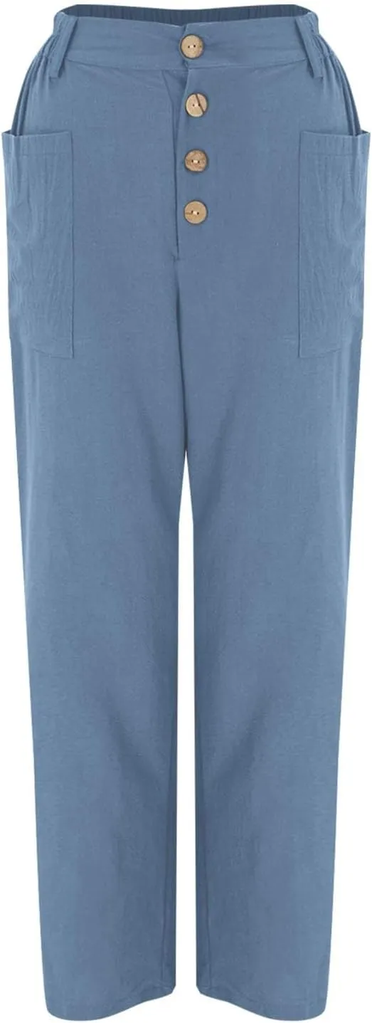 Trendy Button-Fly Straight Leg Pants for Women 2024 Spring Cotton Linen High Waist Lounge Slacks Plus Size Solid Casual Pants