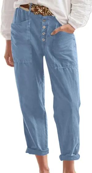 Trendy Button-Fly Straight Leg Pants for Women 2024 Spring Cotton Linen High Waist Lounge Slacks Plus Size Solid Casual Pants