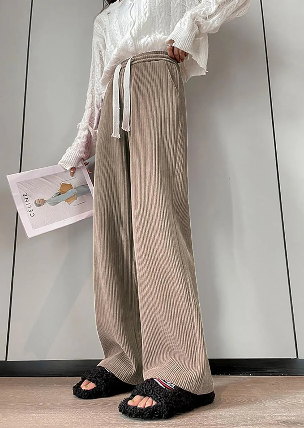 utcoco Women's High Waisted Corduroy Pants Casual Drawstring Wide Leg Corduroy Pants for Women