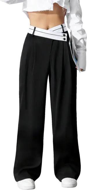 Verdusa Women's Color Block Asymmetrical High Waist Button Trousers Straight Leg Long Pants