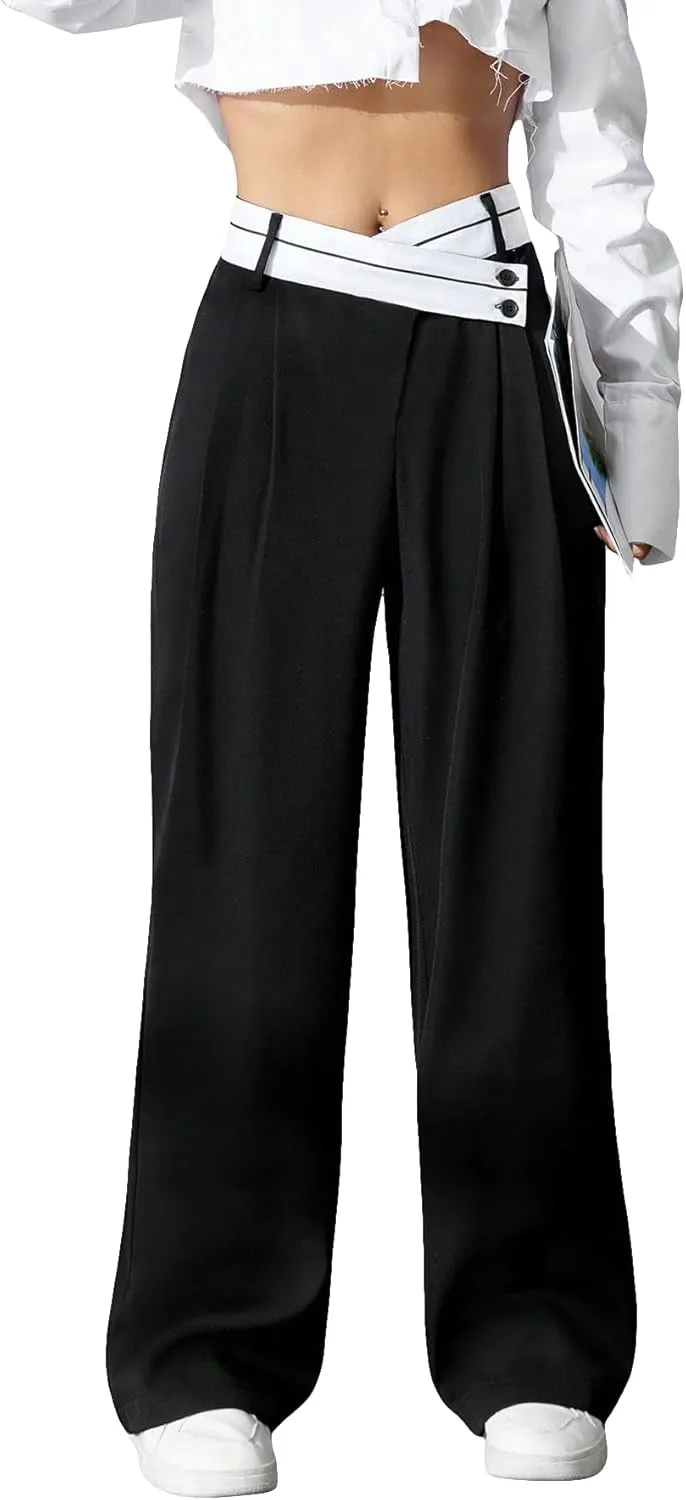 Verdusa Women's Color Block Asymmetrical High Waist Button Trousers Straight Leg Long Pants