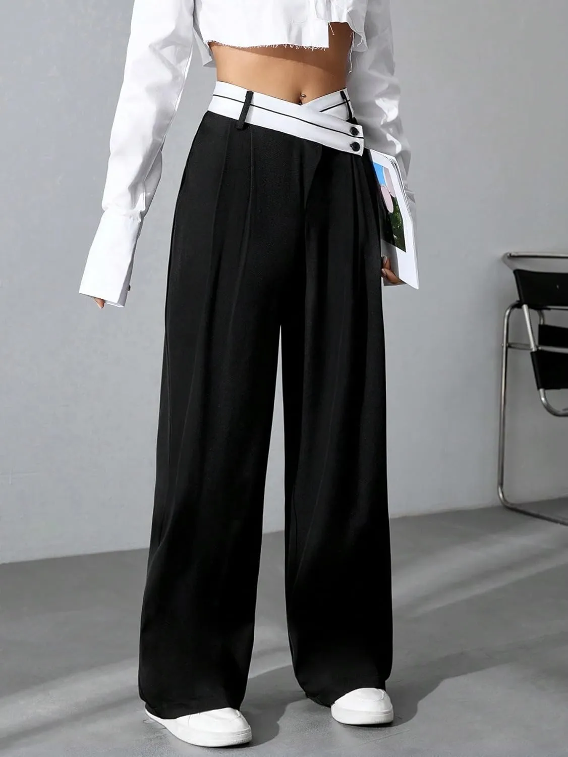 Verdusa Women's Color Block Asymmetrical High Waist Button Trousers Straight Leg Long Pants