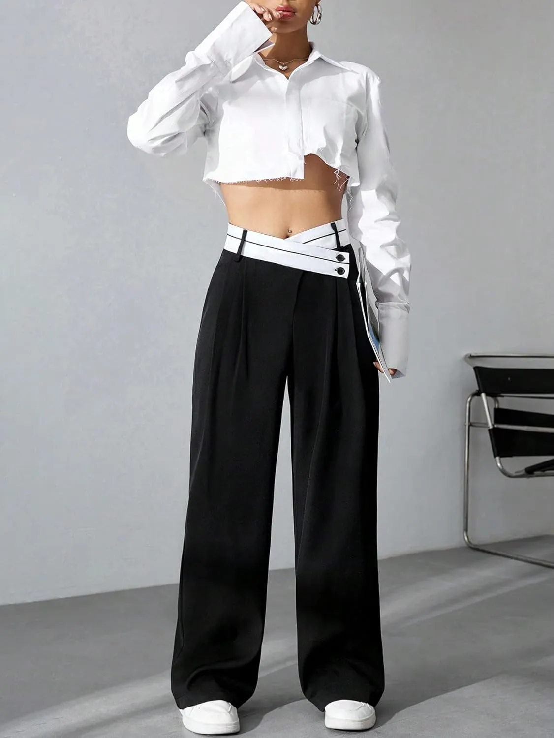 Verdusa Women's Color Block Asymmetrical High Waist Button Trousers Straight Leg Long Pants