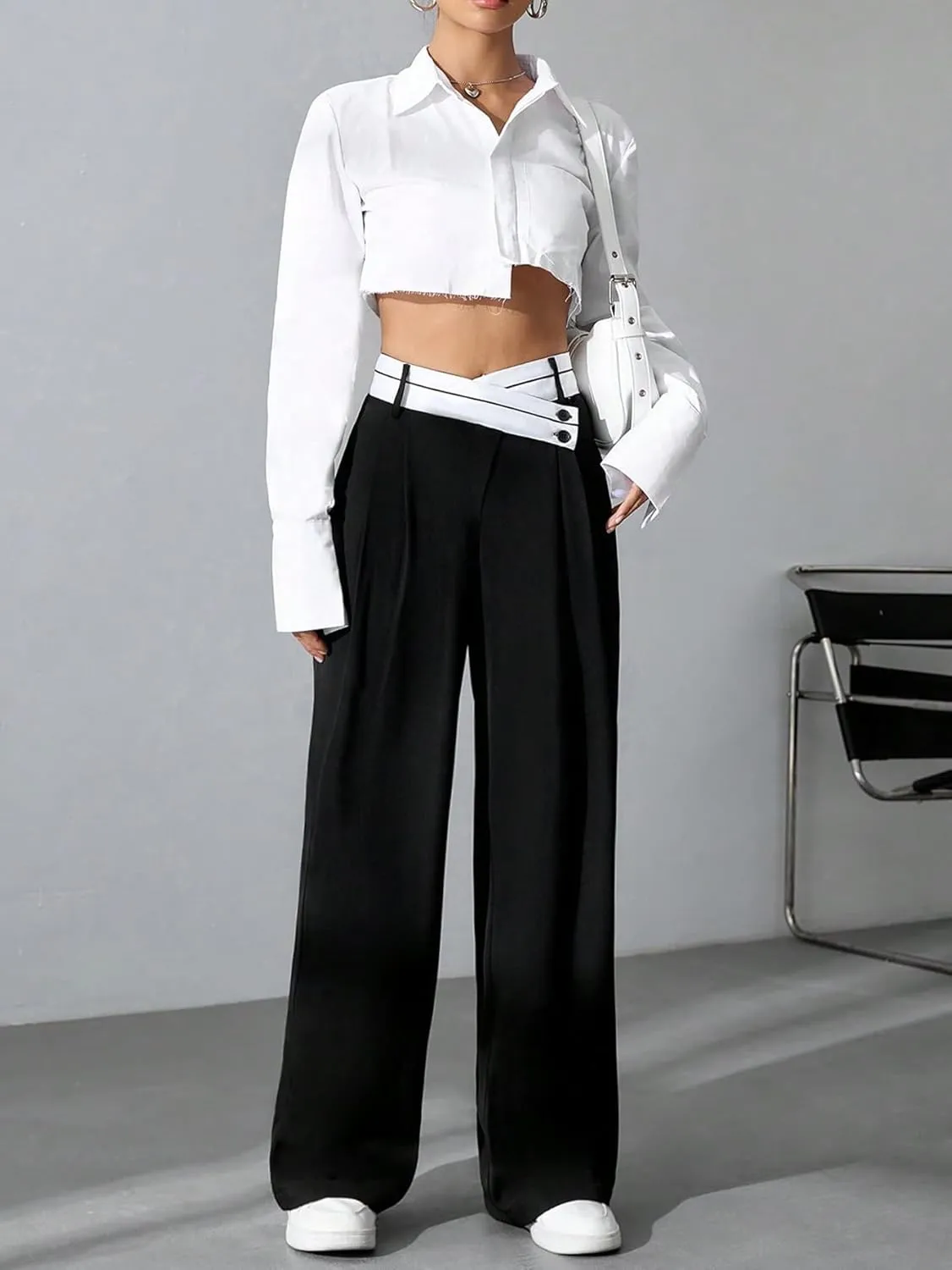 Verdusa Women's Color Block Asymmetrical High Waist Button Trousers Straight Leg Long Pants