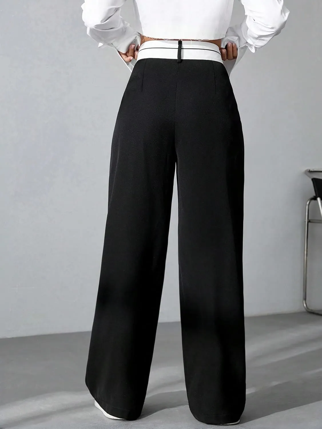 Verdusa Women's Color Block Asymmetrical High Waist Button Trousers Straight Leg Long Pants