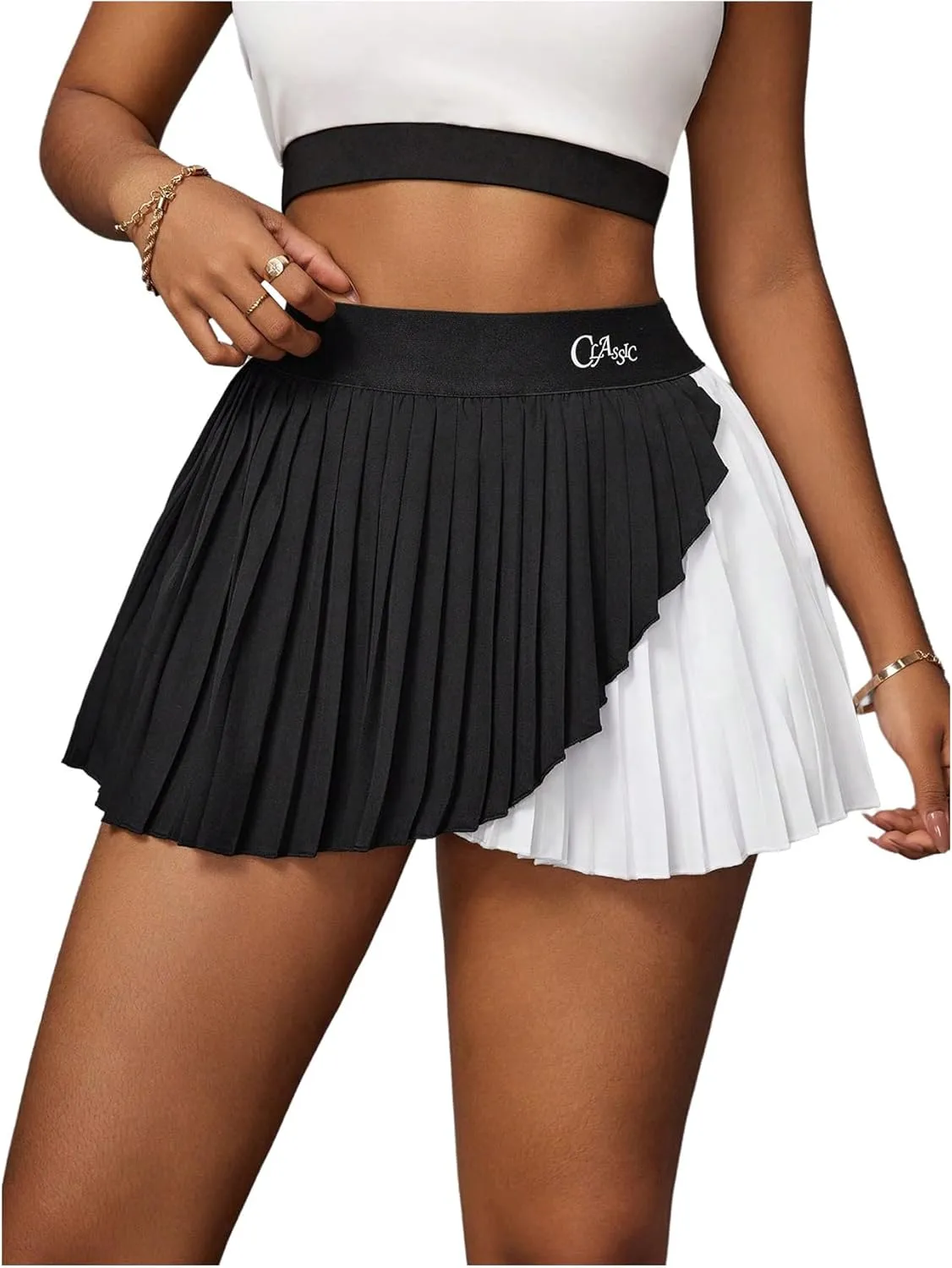 Verdusa Women's Color Block Pleated Tennis Skirt High Waist Athletic Short Skort with Shorts