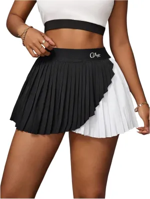 Verdusa Women's Color Block Pleated Tennis Skirt High Waist Athletic Short Skort with Shorts
