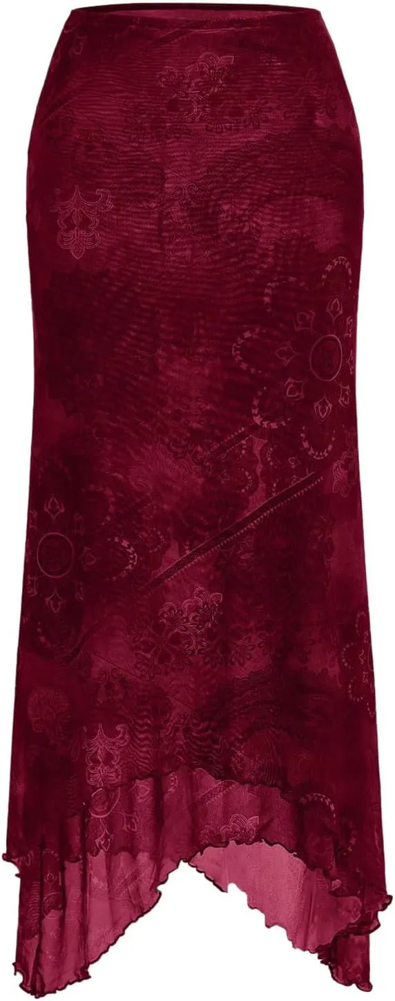 Verdusa Women's Floral Print Mesh Asymmetrical Hem Midi Skirt High Waist Casual Long Skirts