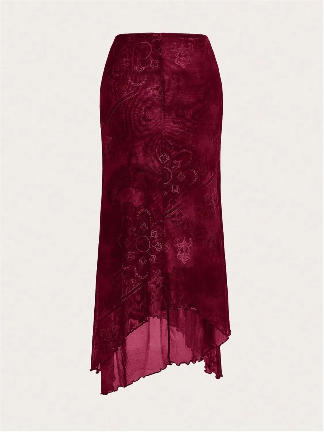 Verdusa Women's Floral Print Mesh Asymmetrical Hem Midi Skirt High Waist Casual Long Skirts