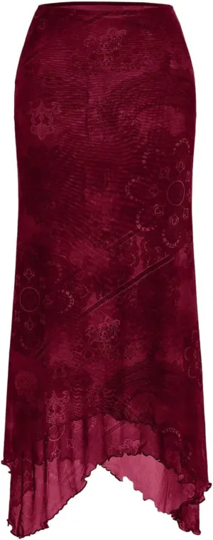 Verdusa Women's Floral Print Mesh Asymmetrical Hem Midi Skirt High Waist Casual Long Skirts
