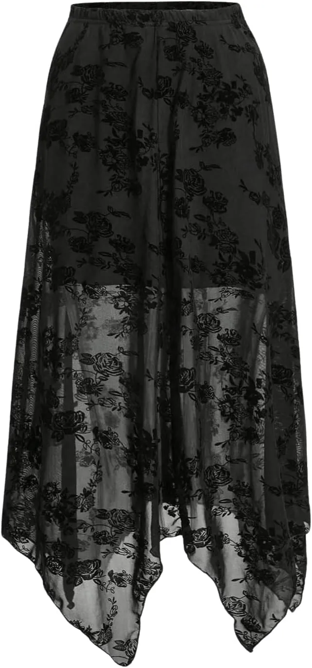 Verdusa Women's Gothic Floral Lace Mesh Maxi Skirt Asymmetrical Hem Flowy Long Skirt