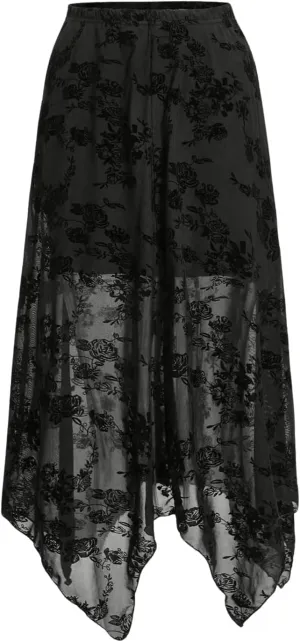 Verdusa Women's Gothic Floral Lace Mesh Maxi Skirt Asymmetrical Hem Flowy Long Skirt