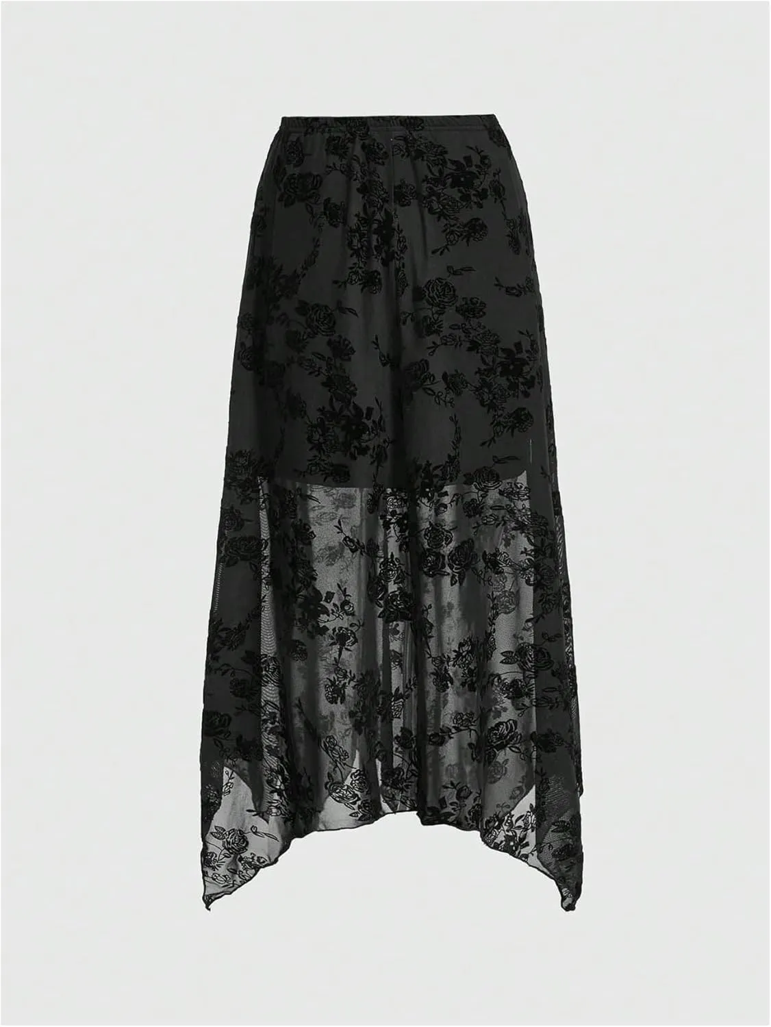Verdusa Women's Gothic Floral Lace Mesh Maxi Skirt Asymmetrical Hem Flowy Long Skirt