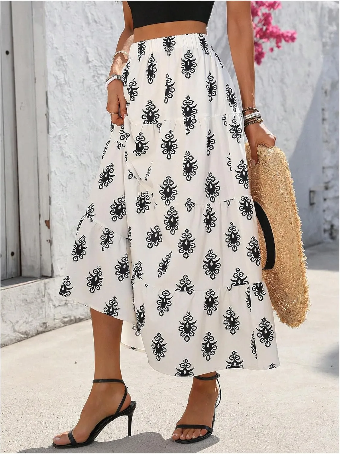 Verdusa Women's Graphic Tiered Long Skirts High Waist A Line Flowy Skirt