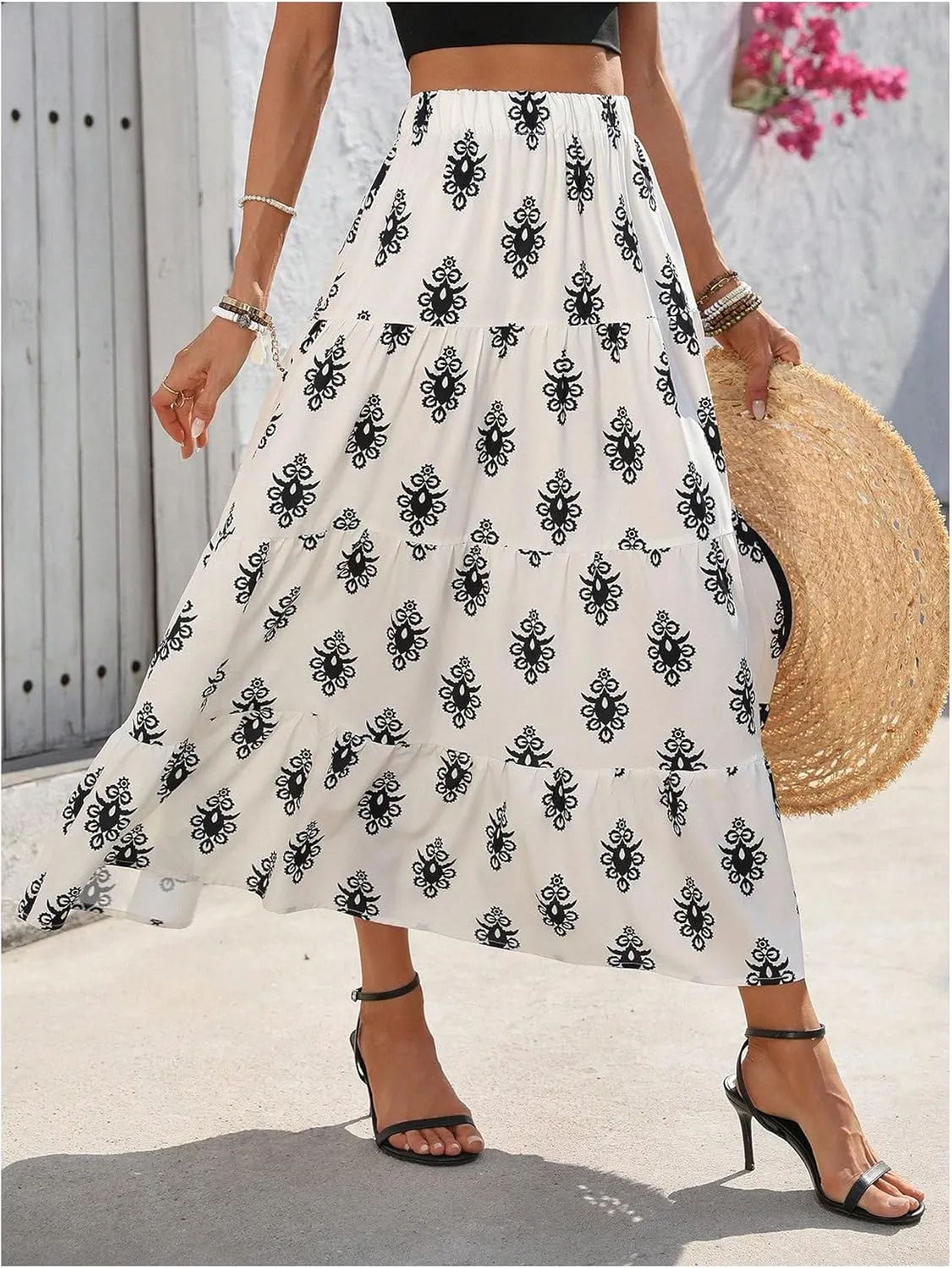 Verdusa Women's Graphic Tiered Long Skirts High Waist A Line Flowy Skirt