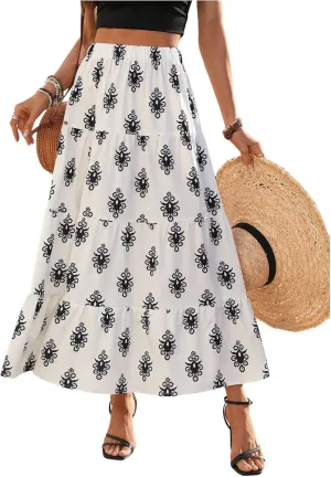 Verdusa Women's Graphic Tiered Long Skirts High Waist A Line Flowy Skirt