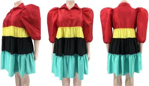 VIVICOLOR Womens Colorblock Babydoll Mini Dress Puff Short Sleeve Ruffle Hem Shirt Mini Dress Plus Size