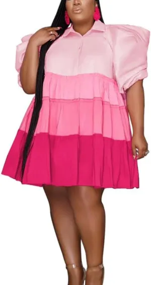 VIVICOLOR Womens Colorblock Babydoll Mini Dress Puff Short Sleeve Ruffle Hem Shirt Mini Dress Plus Size